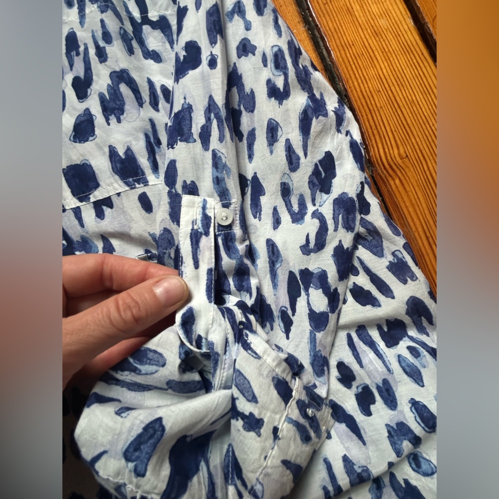 SILK • Blue and White Leopard Print Blouse - Picture 5 of 7